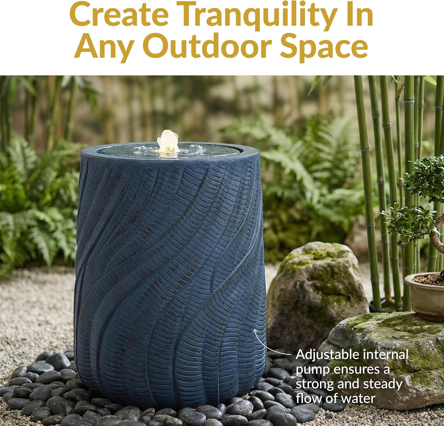 Sunnydaze Outdoor Water Fountain with LED Light - Textured Spiral Bubbler Water Feature with Pump - 22" H - for Patio, Garden, Deck, Relaxation and Stress Relief - Blue