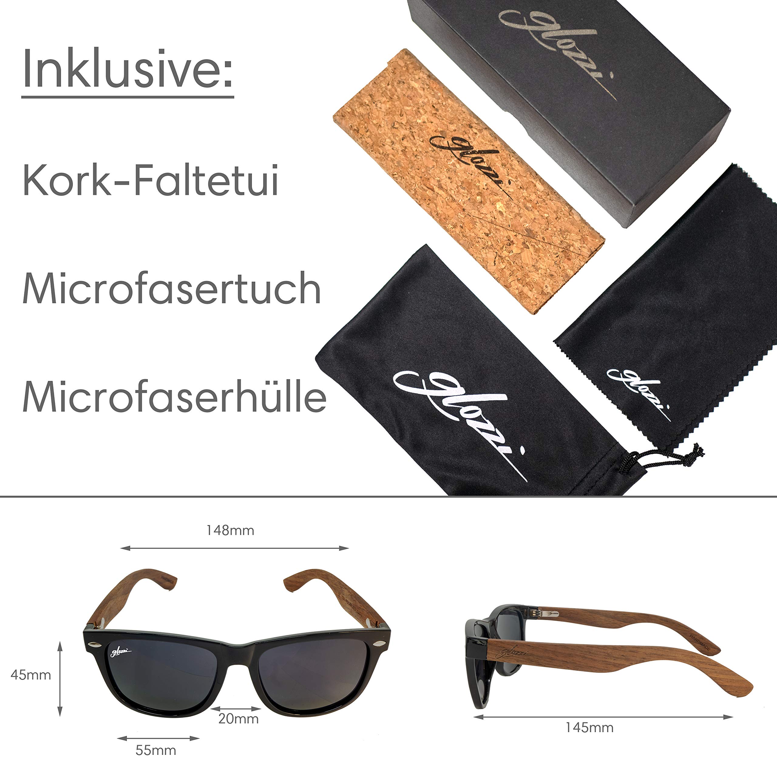 Walnuss Holz Sonnenbrille Herren und Damen Polarisiert UV400 mit Holzbügeln und Brillenetui aus Kork