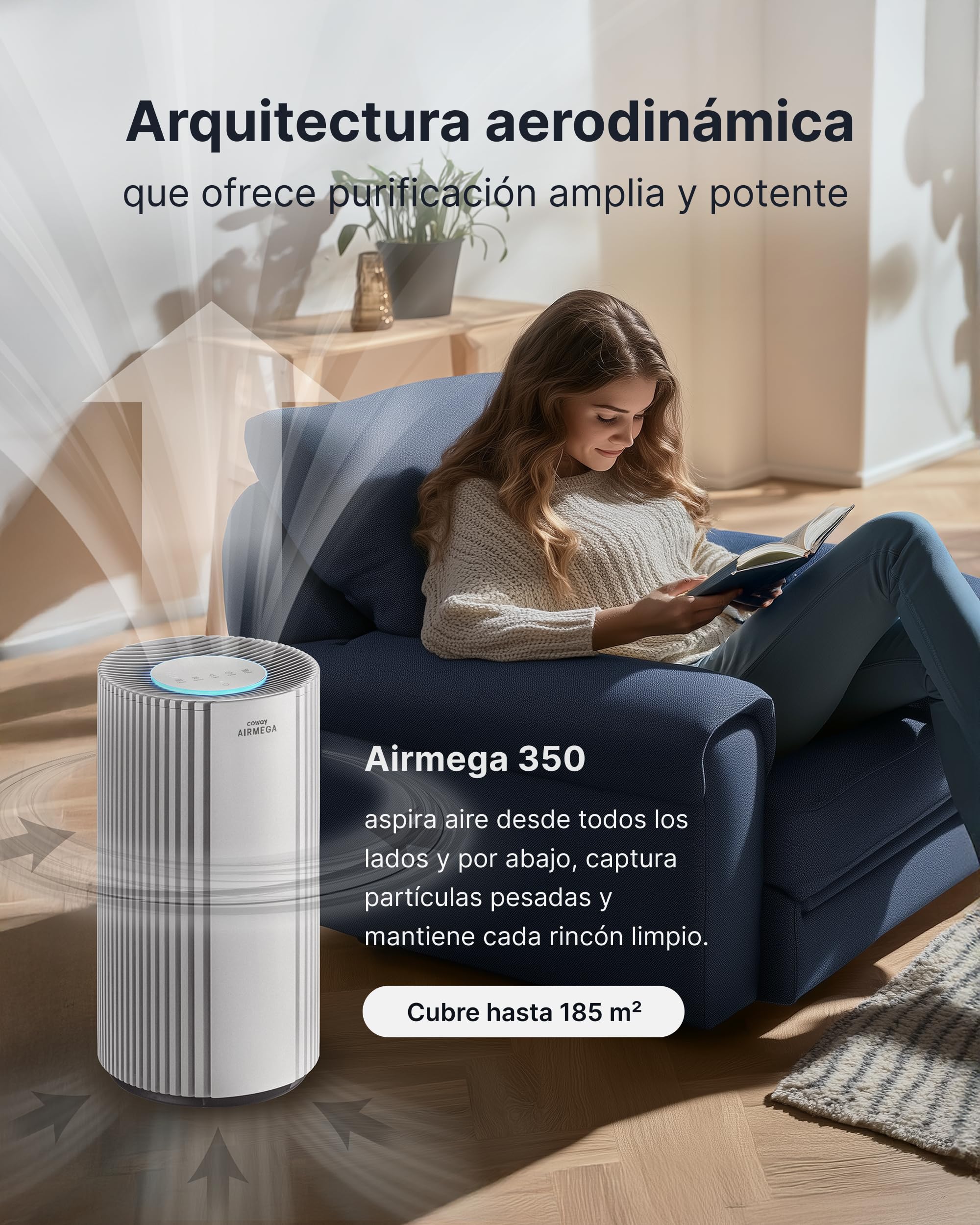 COWAY Purificador de aire para espacios grandes, CADR 713 m³/h, limpia 148 m² en 30 min, filtro HEPA para humo, alergias, pelo de mascotas, olores, sensor PM10, modo ahorro energético, AIRMEGA 350