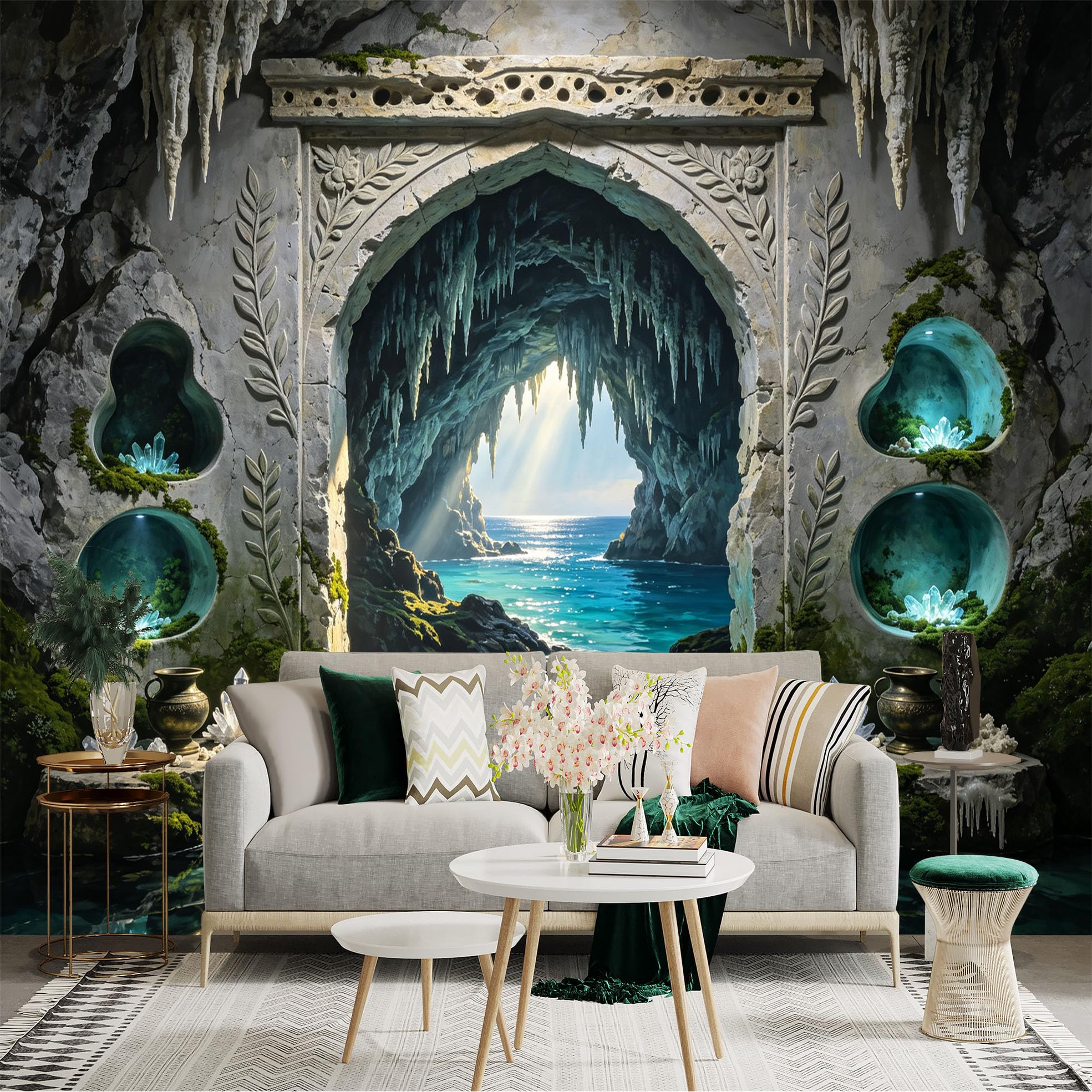 Custom Size Wall Sticker Mural， Fantasy Cave Ocean Archway Crystal Lagoon， for wall Decoration， peelandstick wall Decals.