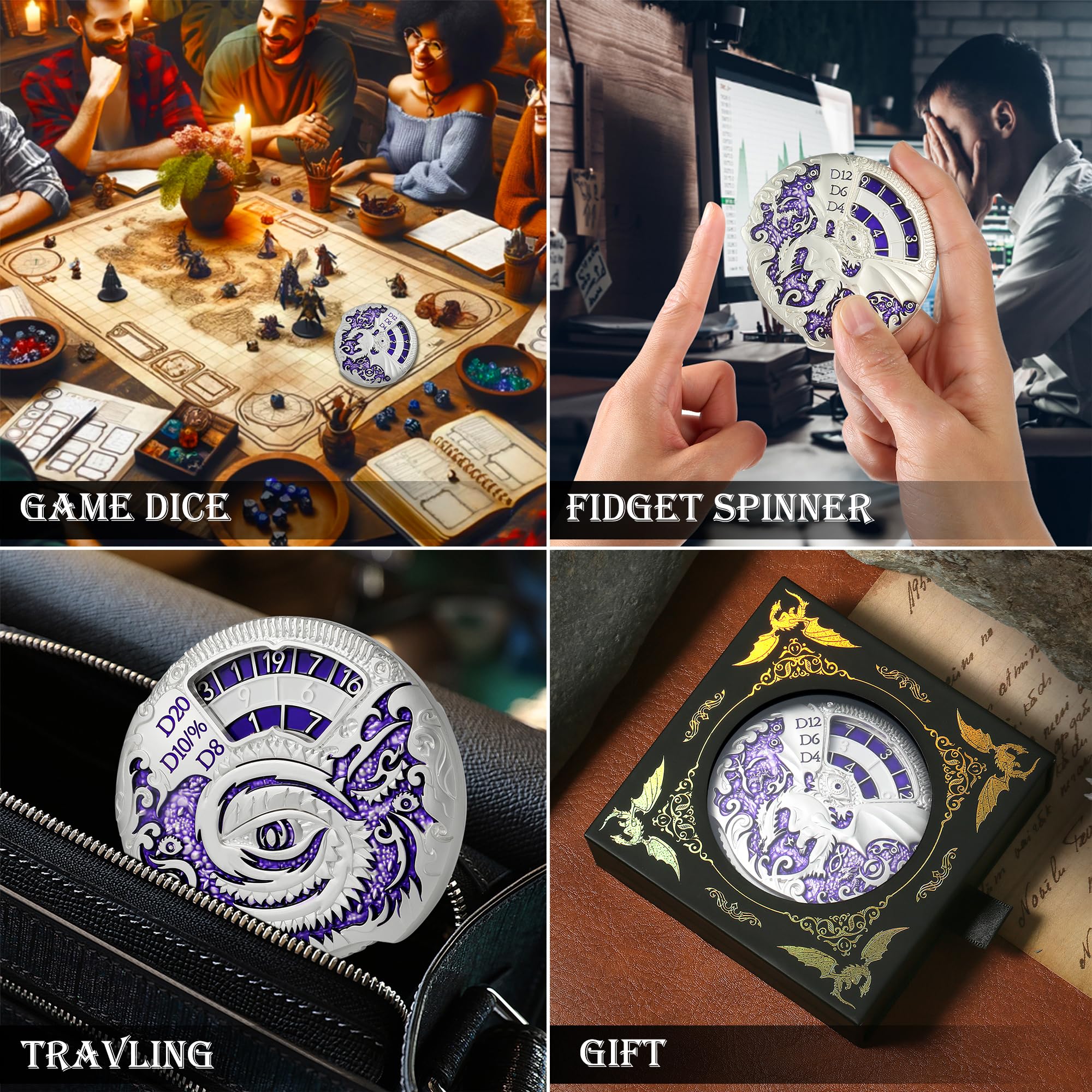 DNDND Dungeons and Dragons Roulette Spinner Würfel 7-in-1 Spinner Metall D&D-Würfel-Set mit wunderschöner Geschenkbox für Dungeons and Dragon und Tischspiel (Silber mit Lila)