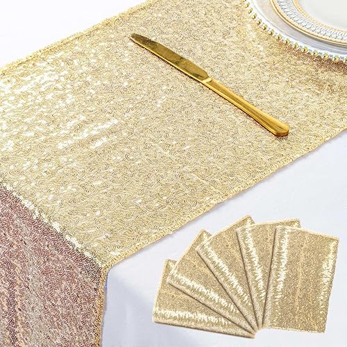 Camino de mesa dorado claro, 5 piezas, decoración del hogar, camino de mesa de lentejuelas de 12 x 108 pulgadas para bodas, suministros de fiesta de