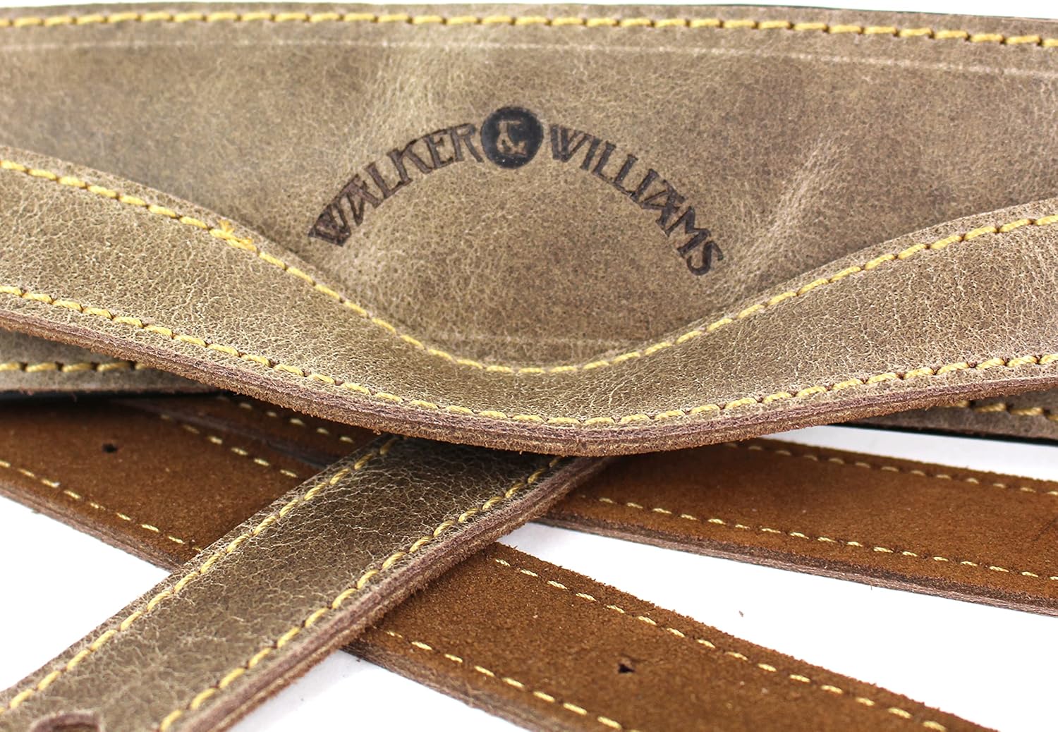 Walker And Williams C-18-LBRN Antique Brown All Premium Grain Leather Vintage Guitar Strap With Brass Buckle Extra Long For Acoustic, Electric, And Bass Guitar