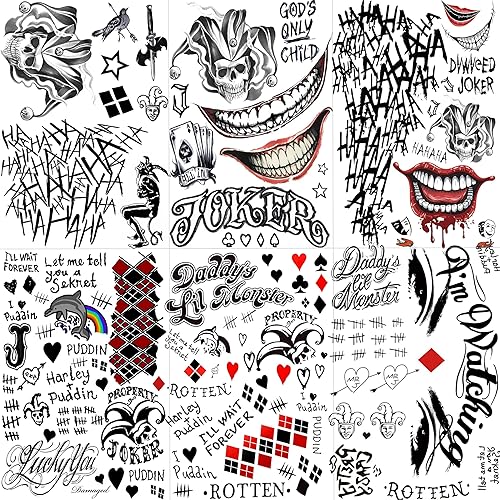 Miniatura 8 de 5 hojas de tatuajes temporales HQ para mujeres, niñas, adultos, kit de maquillaje de Halloween, tatuajes de cara de Joker, accesorios de fiesta de