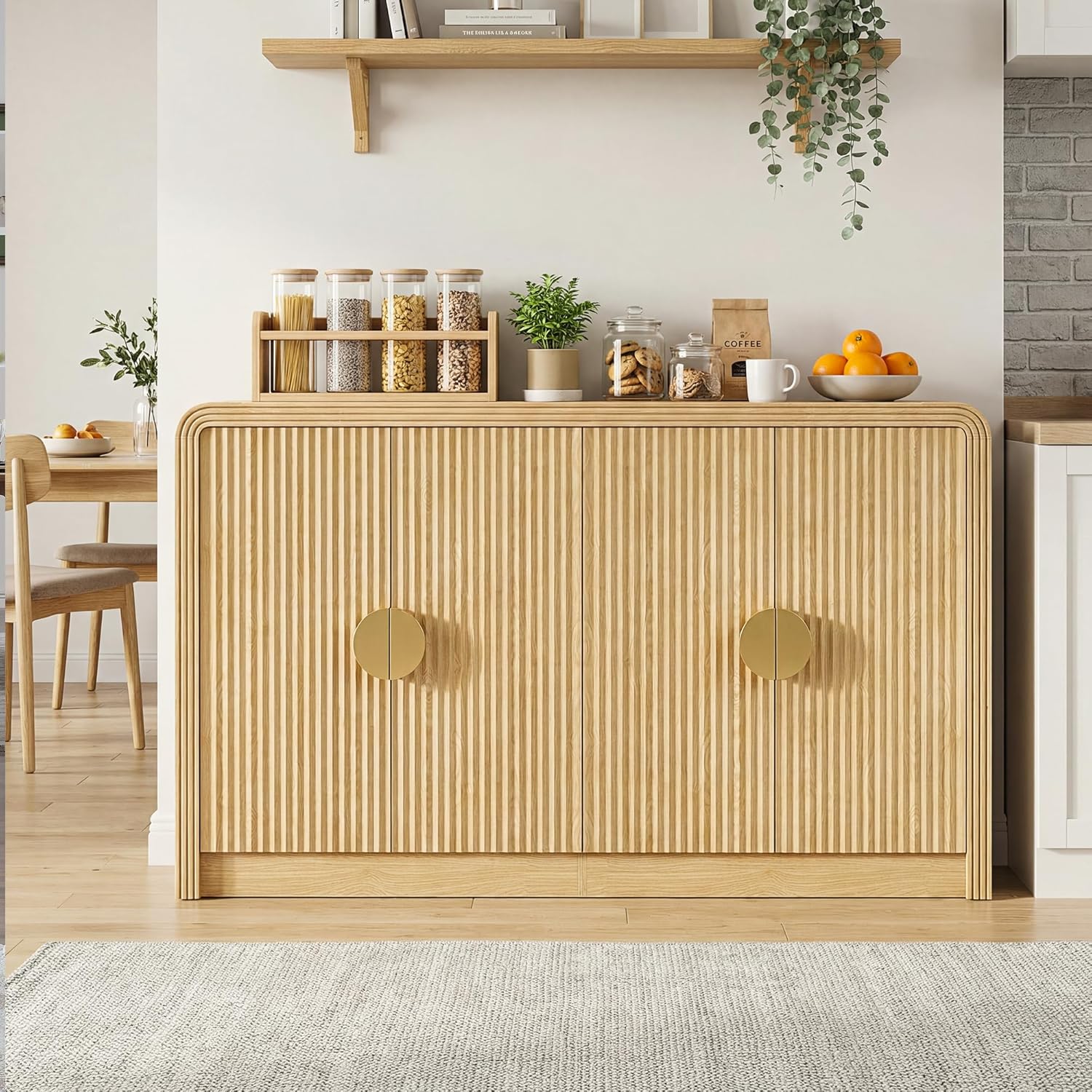 Decofy 55" Sideboard Buffet Cabinet, Mid Century Modern Console Cabinet with Wavy Grain Doors & Adjustable Shelves for Kitchen Buffet Cabinet, Entryway, Living Room, Coffee Bar Cabinet (Natural Oak)