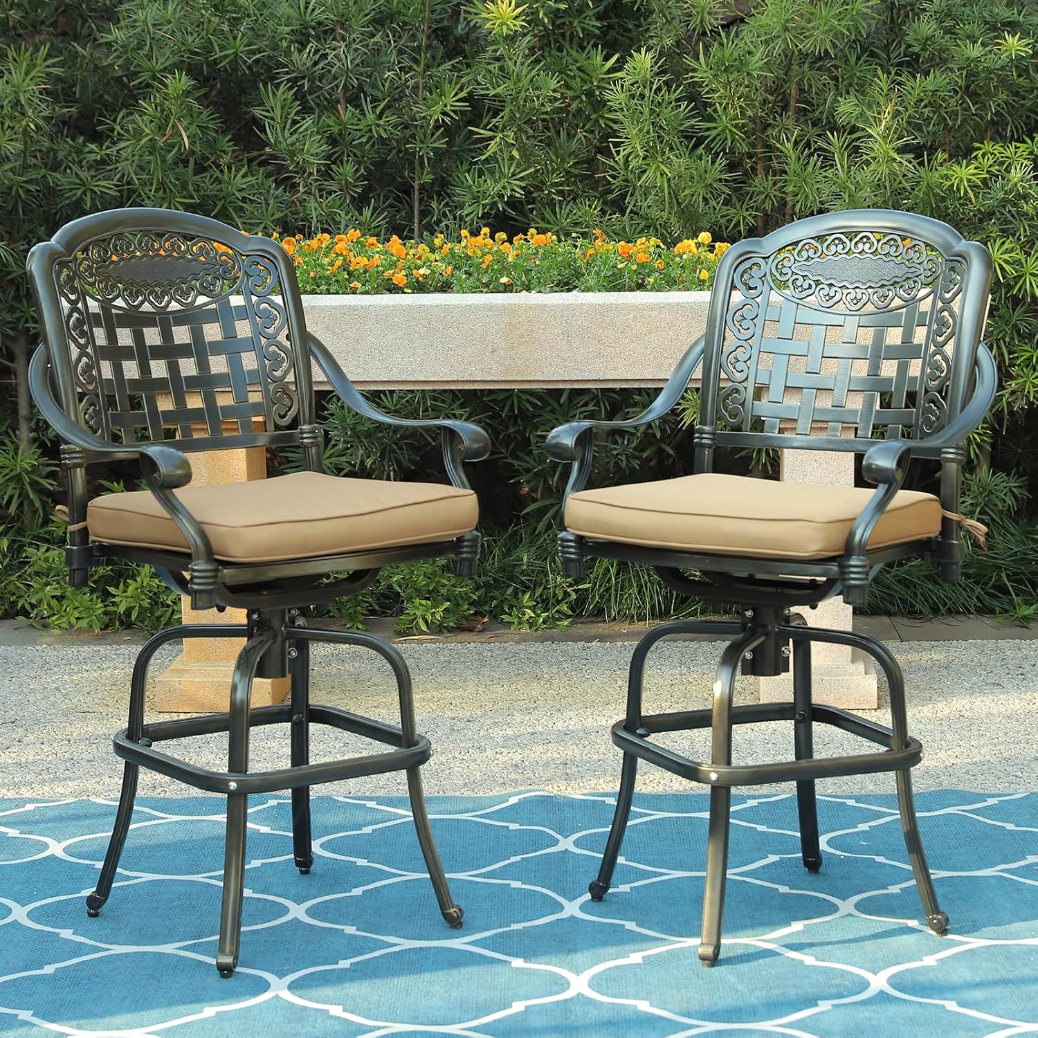 Outdoor Patio Swivel Bar Stools Set of 2, All-Weather Bar Height Patio Chairs, Outdoor High Bistro Stools with Cushion/High Back/Armrest/Footrest for Outside, Lawn & Garden, Dark Bronze