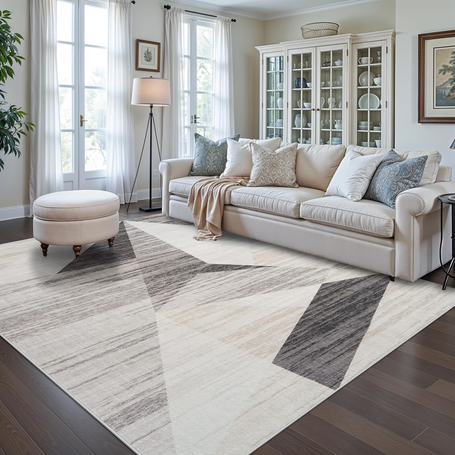 Dining Room Rugs for Under Table - 7x9 Mid Century Modern Rug for Living Room Low Pile Non-Slip Carpet for Bedroom Office - Geometric Minimalist Design for Young Families (Grey Cream Beige, 7x9)