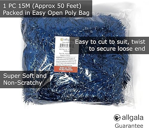 Miniatura 2 de Allgala Guirnalda de oropel azul marino, 50 pies de papel de aluminio metálico de Navidad, decoración para árbol de vacaciones, riel de pared,