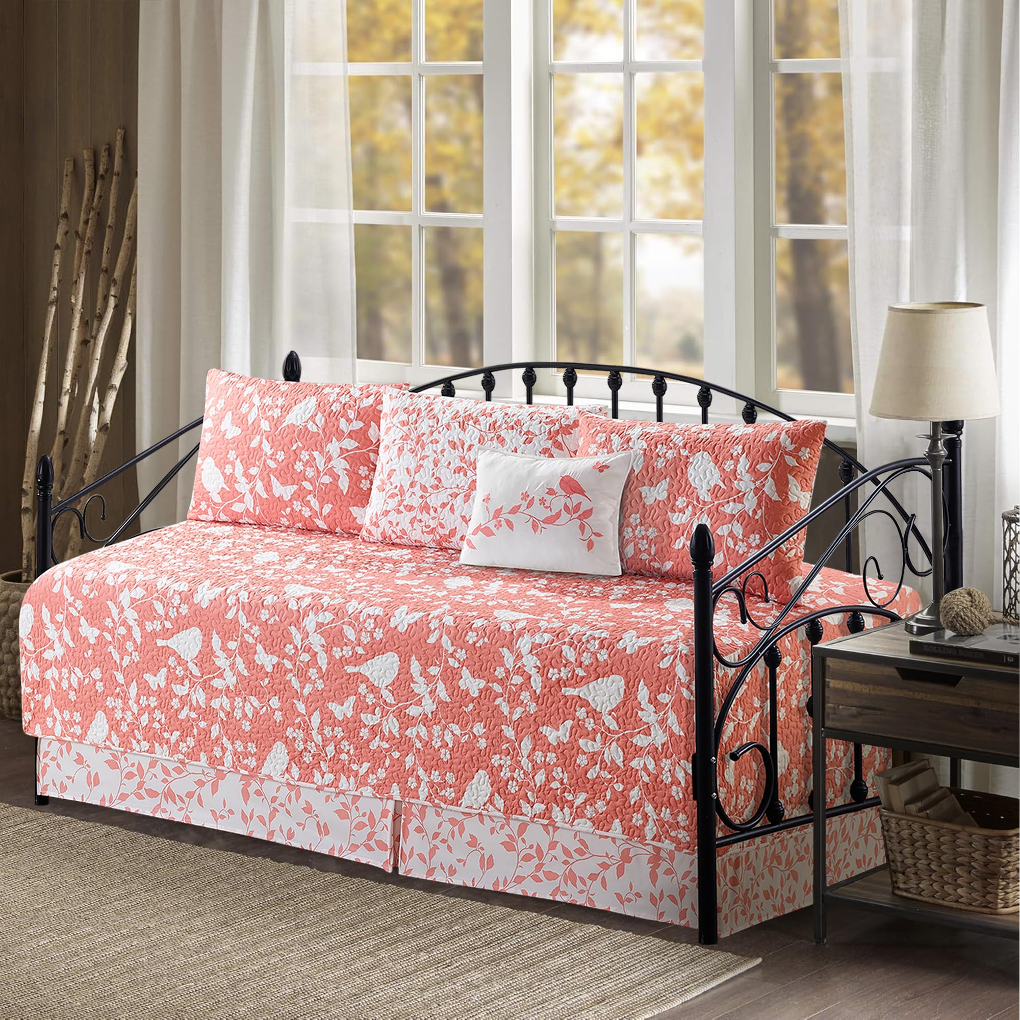 6 Piece Reversible Microfiber Bird Leaf Printed Daybed Cover Set, All Season Luxury Bedding with Bedskirt, Matching Shams, Decorative Pillow, 75"x39", Coral