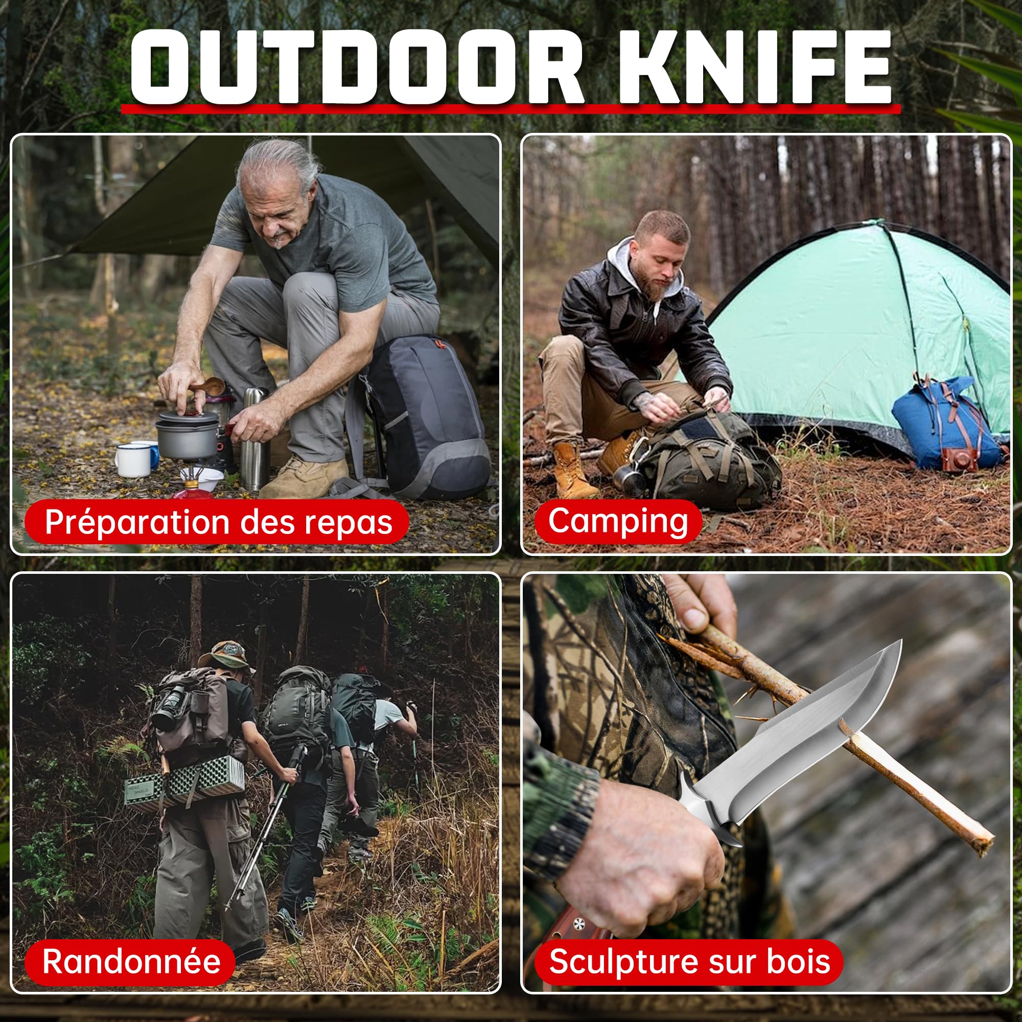 Plys Couteau de Survie Lame Fixe: Full Tang Couteau D'ExtéRieur Acier M390, Manche en Bois Avec éTui en Cuir, Dragonne en Paracorde, Cadeau Pour Homme,Adapté au Camping et à la Randonnée