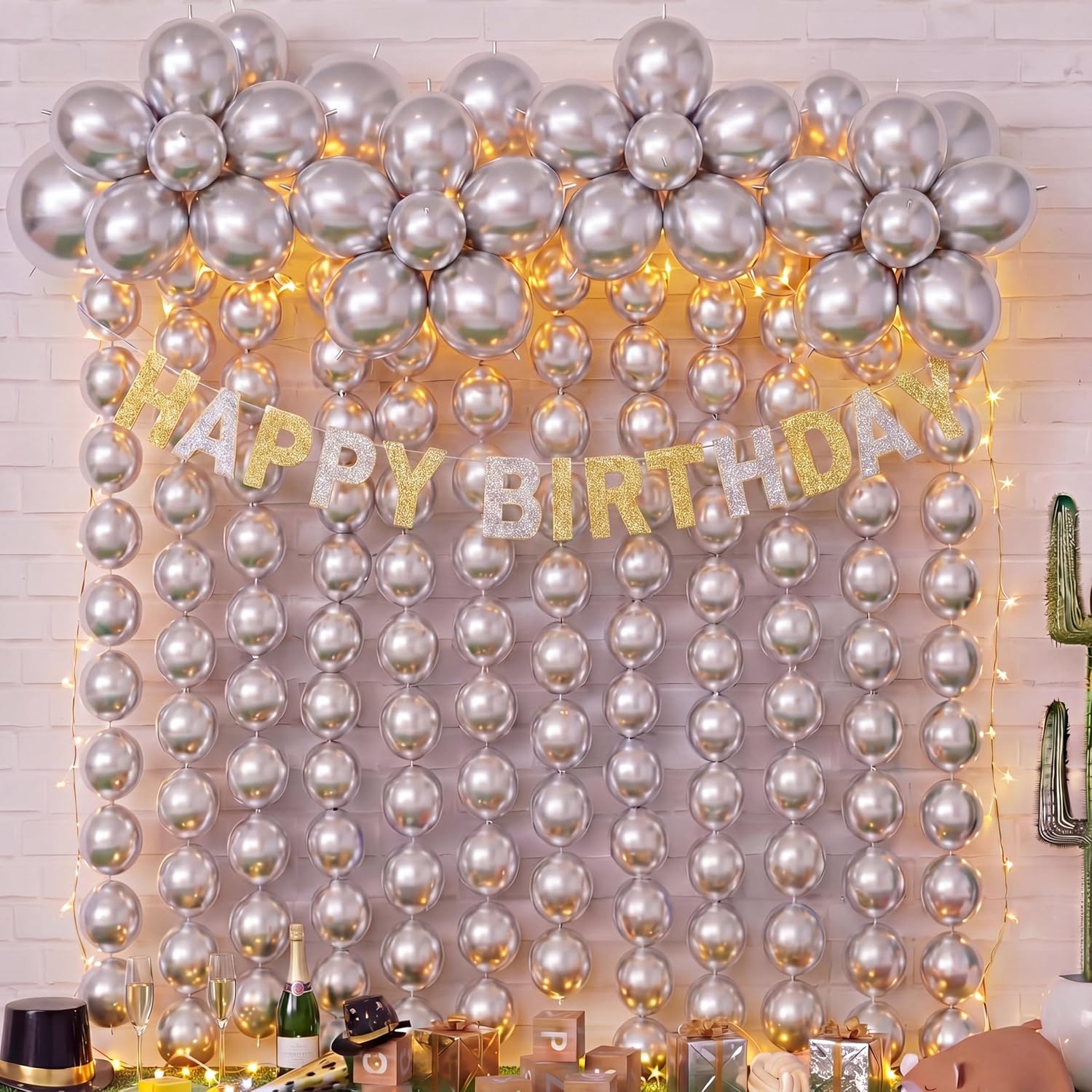 Meanplan 100 Pcs Link Balloon Quick Linking Latex Connected Balloons Linkable for Easter Wedding Independence Day Birthday Party Decoration(10 Inch,Metallic Silver)