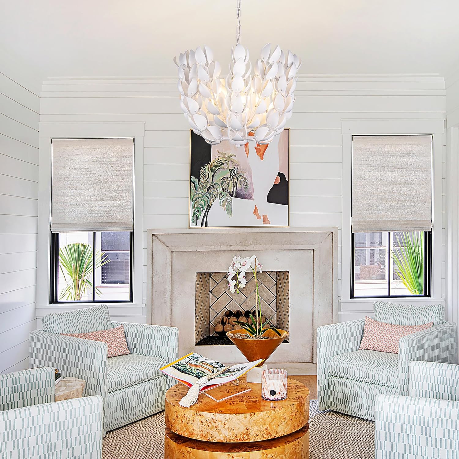 Wellmet Boho Chandelier for Dining Room, White Coconut Shell Small Chandeliers Hanging Ceiling Lighting Fixture for Living Room, Modern Round Pendant Light for Foyer Kitchen Bedroom 26" D