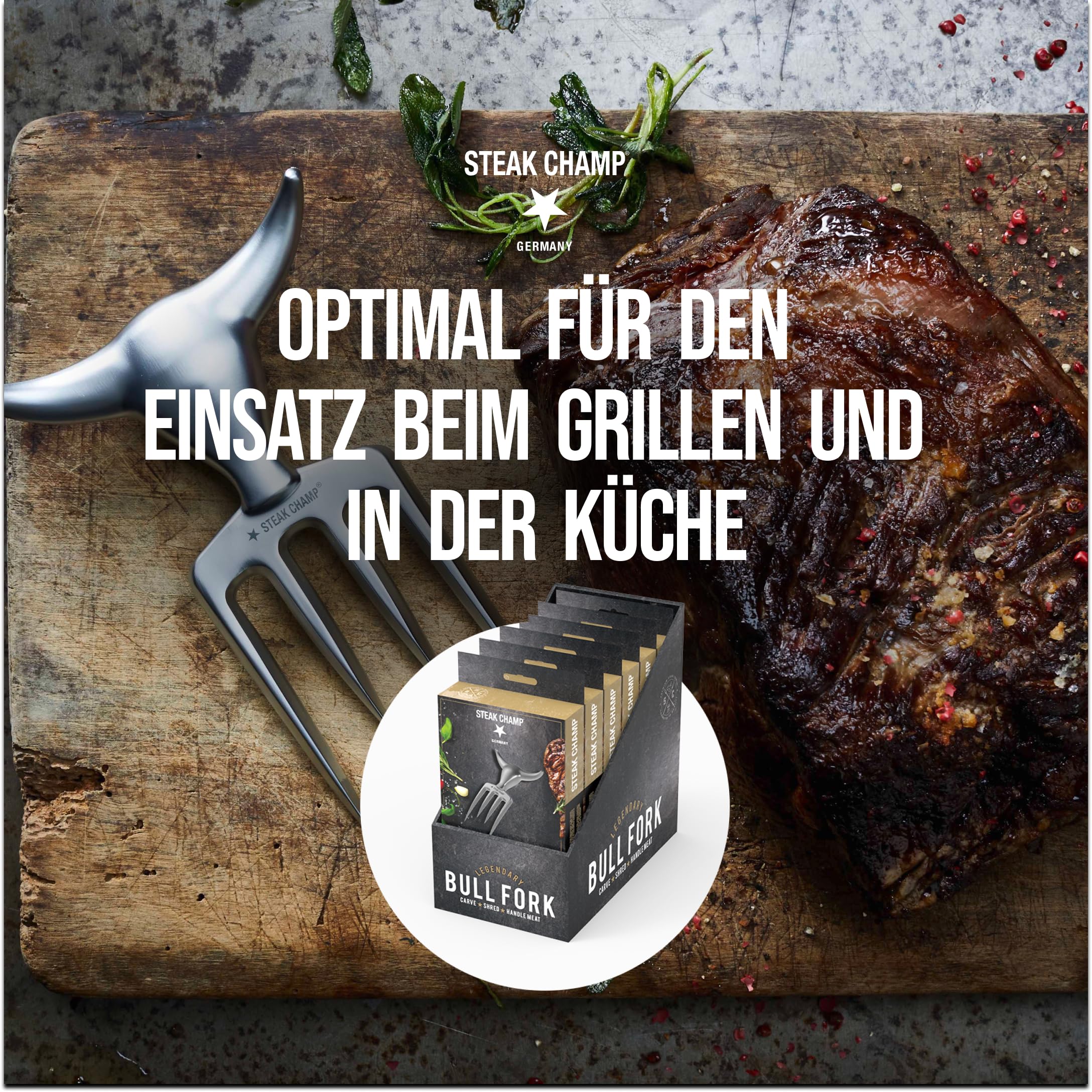 Steak Champ Bull Fork Fleischgabel, 16,5 cm: Massive Serviergabel, Tranchierbesteck, mit Zinklegierung, verchromt, spülmaschinenfest