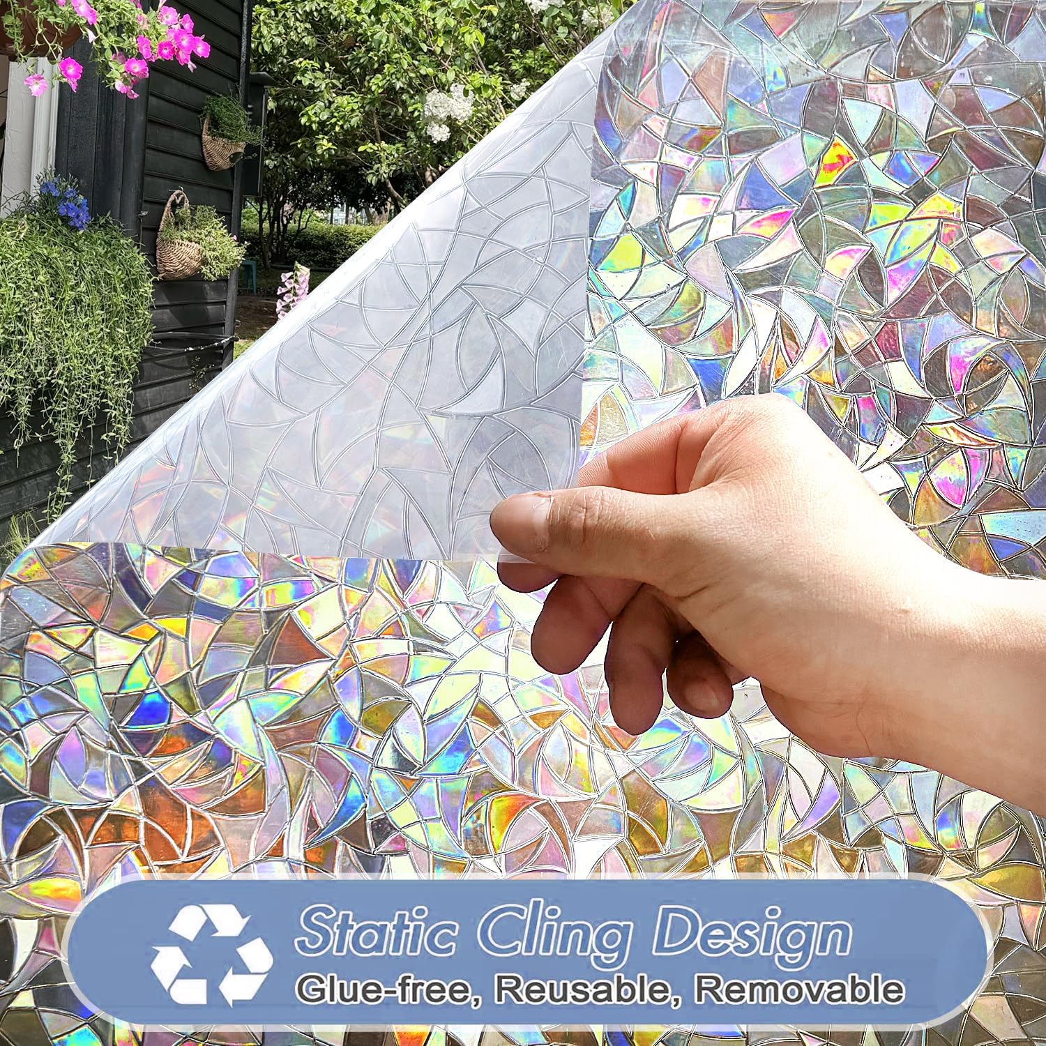 Window Privacy Film Rainbow Window Film – Decorative Static Cling Window Sticker with 3D Stained Glass Effect，（35.4 x 78.7 inch） Reusable Bathroom Window Film Decorative