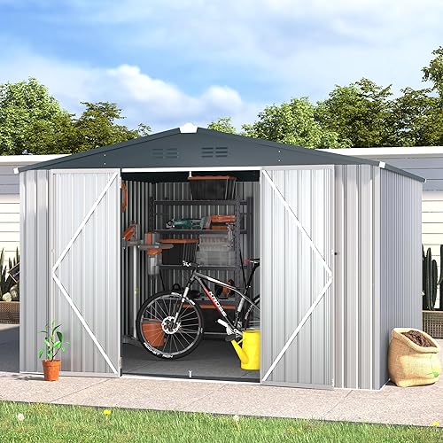 ACOJOY 10'x10' Shed, Large Metal Storage Sheds & Outdoor Clearance, Steel Backyard Shed with Lockable Doors, Utility and Tool Storage for Garden, Patio, Outside Use in White