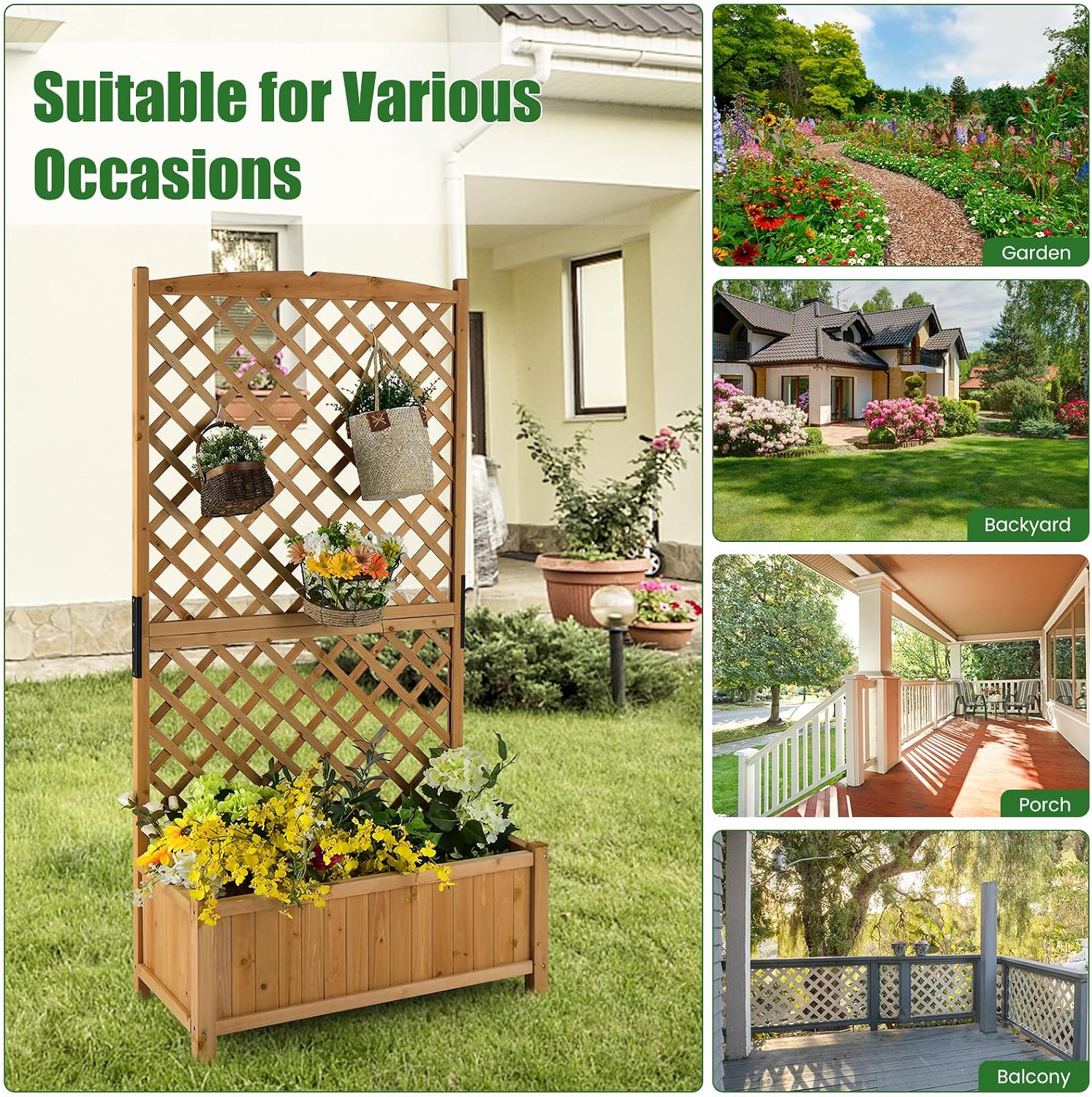 IRONMAX Planter Box with Trellis, Fir Wood Vine Planter with Drainage Holes for Vegetables Flower Climbing Plants, Outdoor Raised Garden Bed with Hanging for Yard, Balcony (1, 35.5" Lx17.5 Wx71 H)