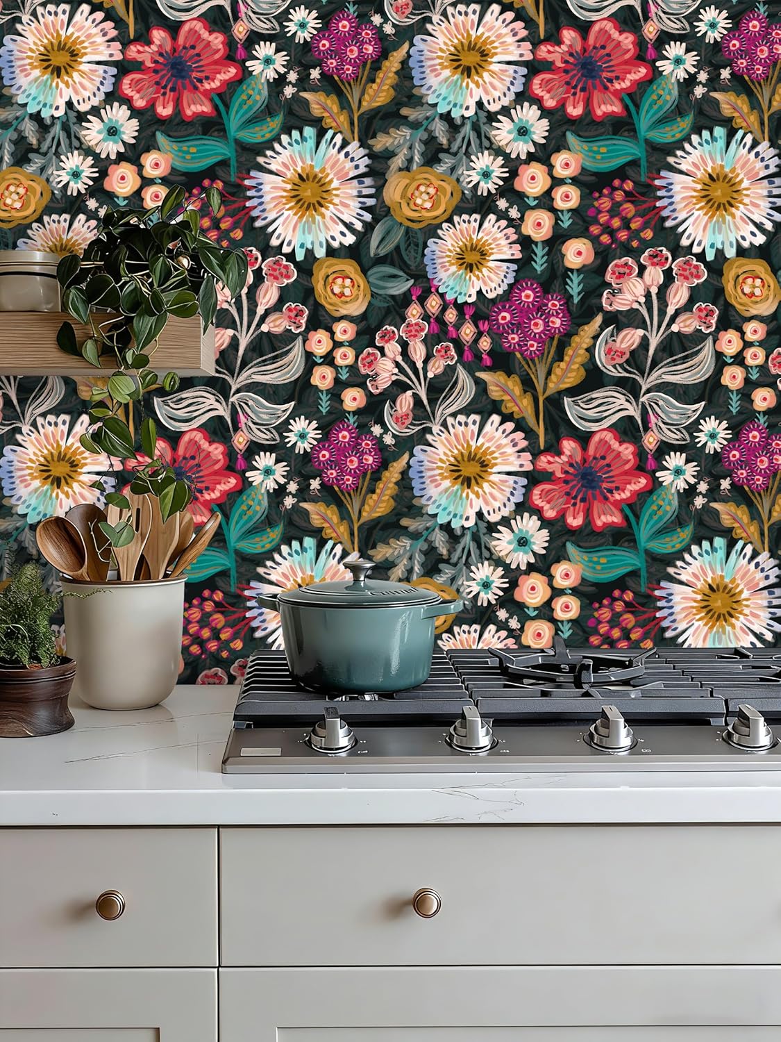 HAOKHOME Floral Peel and Stick Wallpaper Boho Dark Floral Wall Paper Vintage Contact Paper Removable Wall Mural for Bathroom Accent Wall Decor 17.3in x 9.8ft