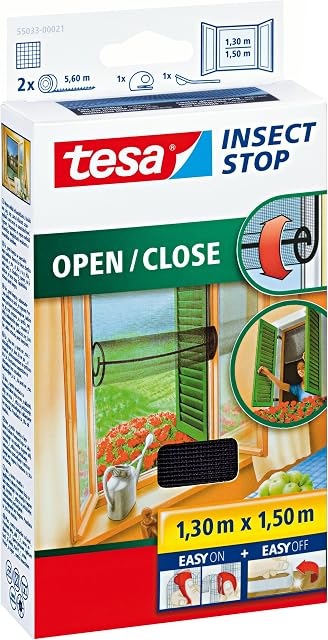 tesa® Insect Stop COMFORT Open, Close Fly Screen Windows to Open & Close - Self-Adhesive Insect Screen Roller Blind - Anthracite, 130 cm x 150 cm