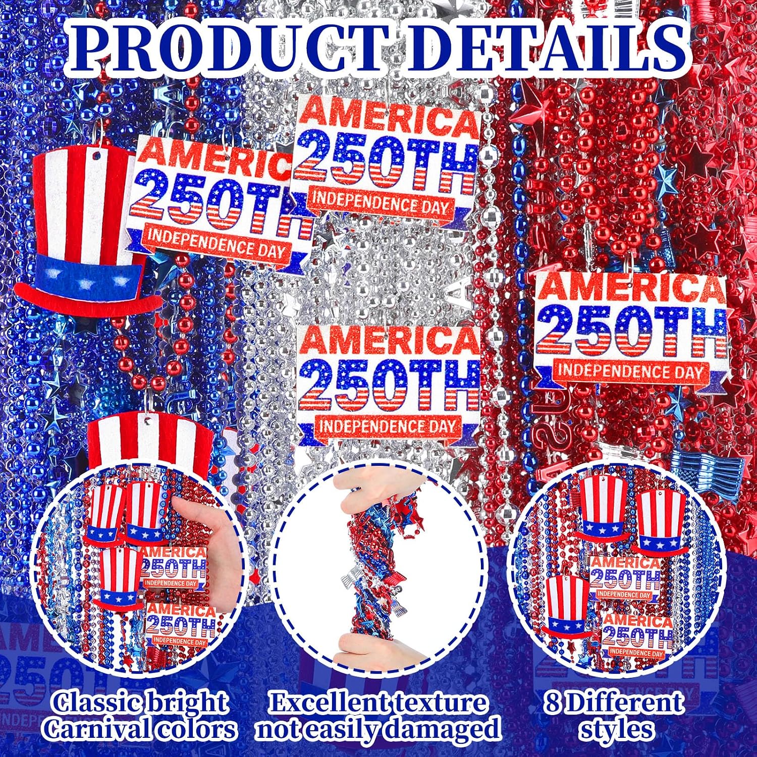 Aurelema 100 Pcs 250th Anniversary 4th of July Beads Necklaces Bulk - Patriotic Red White Blue Metallic Beads with 250 Design for Independence Day Parade Party Favors Decorations Accessories 2026