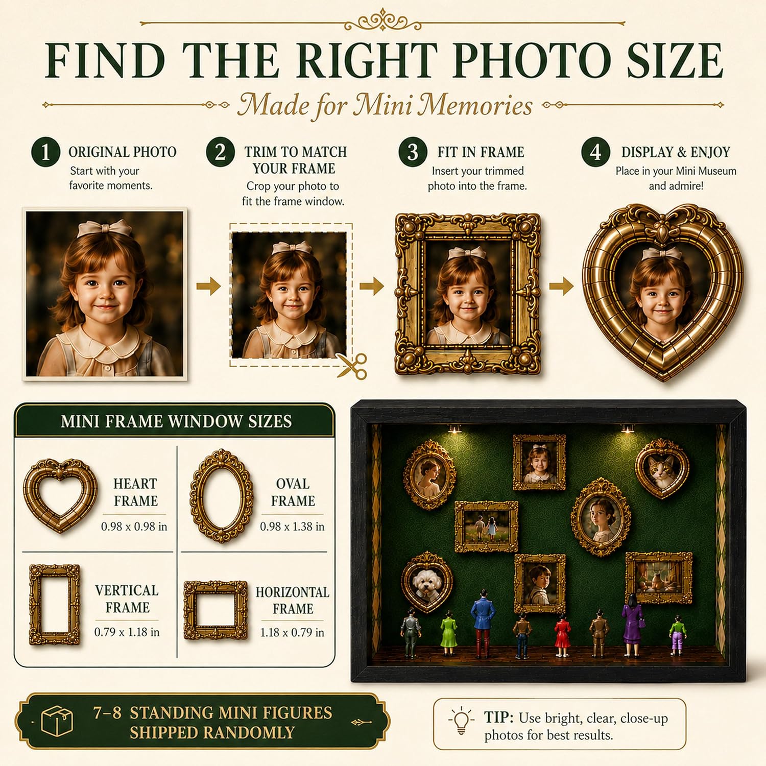 DIY Mini Museum Shadow Box Kit with Gold-Tone Picture Frames and 7-8 Assorted Figurines, Personalized Photo Memory Display for Couples, Anniversary, Wedding, Birthday