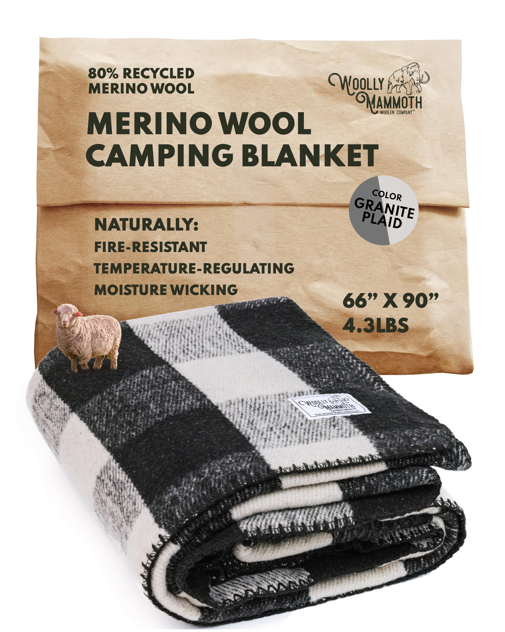 Woolly Mammoth Woolen Company Camping Blankets - 66 x 90 in, Black & Cream Plaid - Merino Wool Throw & Outdoor Backpacking Blanket for Picnic & Travel