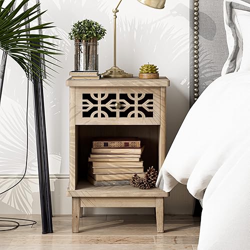 COZAYH Mesita de noche rústica retro, mesa auxiliar de abeto sólido con parte delantera tallada a mano y estante abierto para estilo bohemio, campo