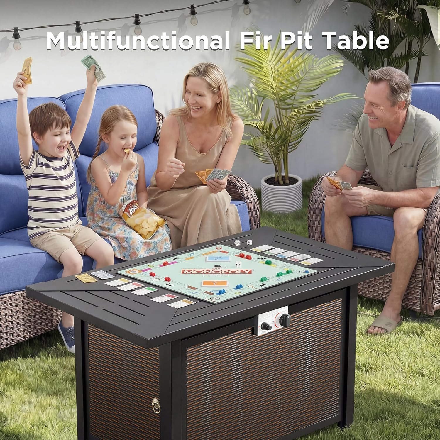 Luxury Patio Furniture Set with Fire Pit Table-6 Pieces All Weather Outdoor Swivel Rocker Chairs with Sofa and Ottomans. Outdoors Patio Conversation Sets for Porch Deck Garden Backyard(Brown/Blue)