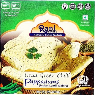 Rani Pappadums (Indian Lentil Wafer Snack) Green Chilli Papad 7oz (200g) Approximately 15pc, 7 inches ~ All Natural | Gluten Friendly | NON-GMO | Vegan | Indian Origin