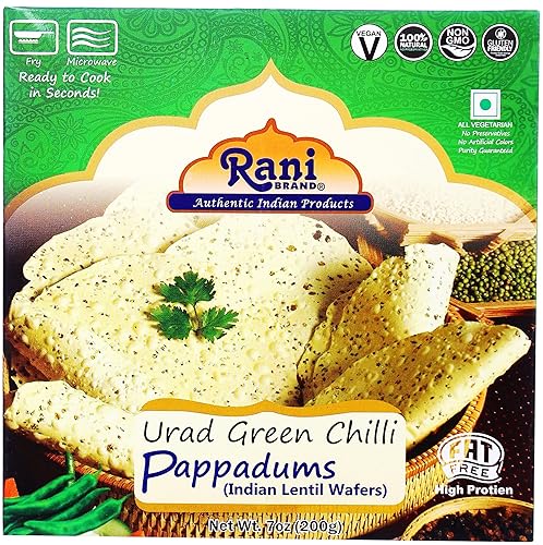 Rani Pappadums (aperitivo de oblea de lentejas indias) papad de chile verde, 7 onzas (7.05 oz) aproximadamente 15 unidades, 7 pulgadas  Todo