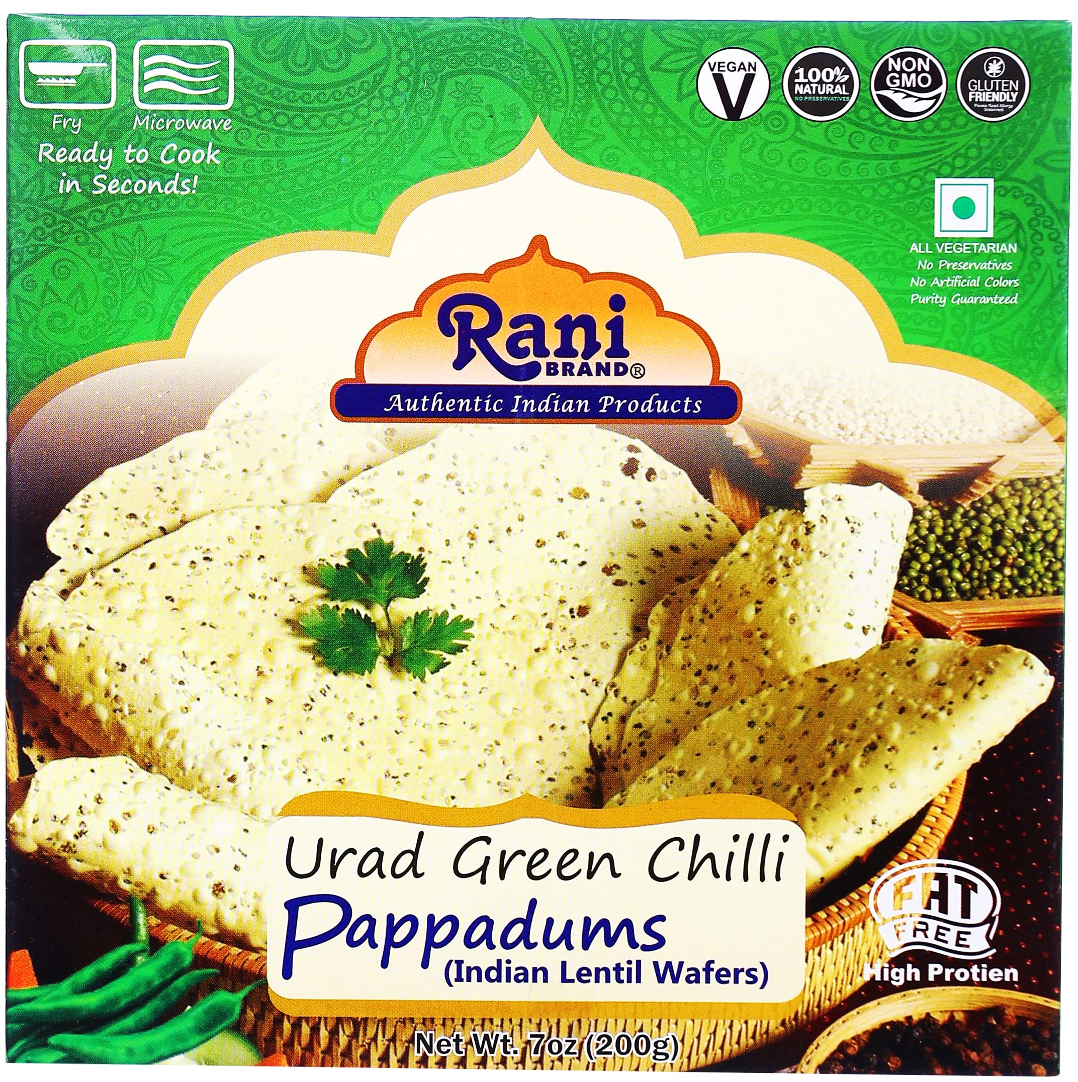 Rani Pappadums (Indian Lentil Wafer Snack) Green Chilli Papad 7oz (200g) Approximately 15pc, 7 inches ~ All Natural | Gluten Friendly | NON-GMO | Vegan | Indian Origin