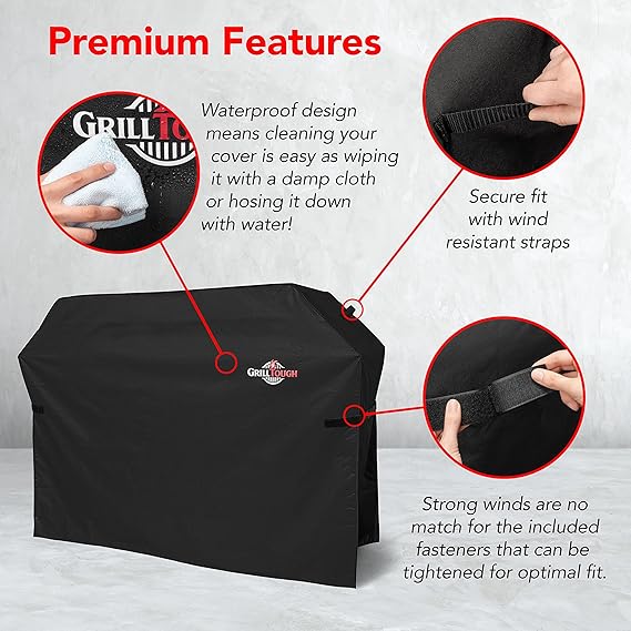 GrillTough Heavy Duty BBQ Grill Cover for Outdoor Grill, 58 Inch Waterproof, Weather Resistant, UV & Fade Resistant with Adjustable Straps Gas Grill Cover for Weber, Genesis, Charbroil, etc. Black