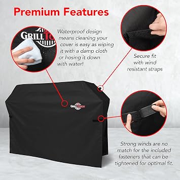 GrillTough Heavy Duty BBQ Grill Cover for Outdoor Grill, 58 Inch Waterproof, Weather Resistant, UV & Fade Resistant with Adjustable Straps Gas Grill Cover for Weber, Genesis, Charbroil, etc. Black