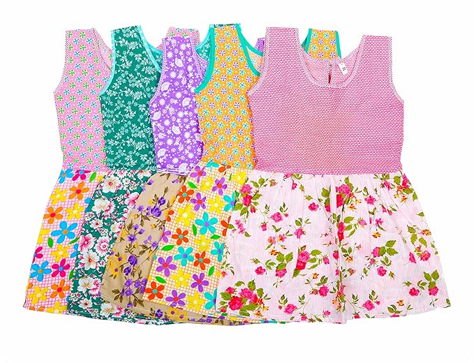 BREEZEWAY Girl?s Frocks Clothing, Girl Frock Cloth Set Combo, Gown midi/Cloth Fancy, Hosiery Soft Cotton Material, Casual Knee Frock Printed Dress (Pack of 5)