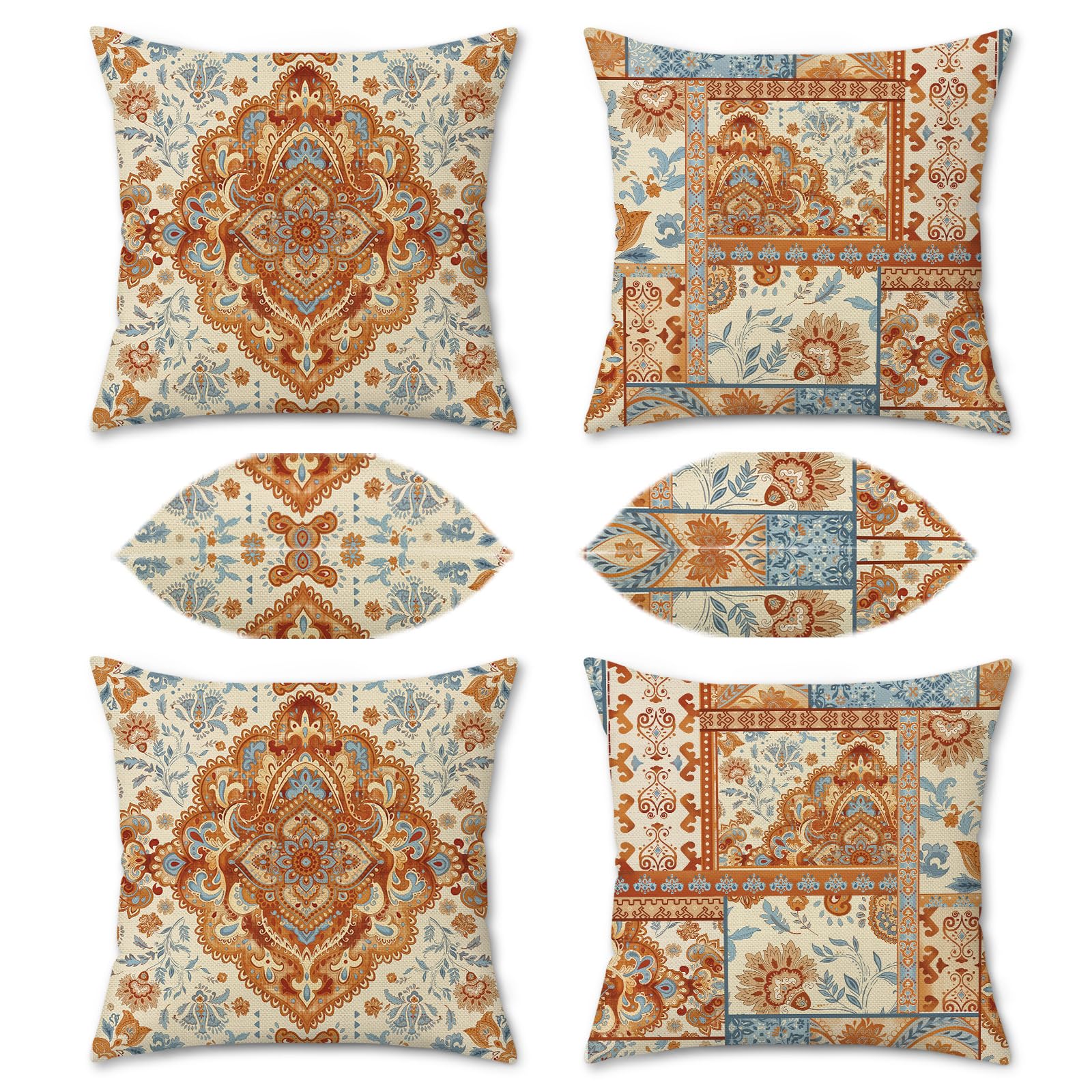 Bonhause Boho poszewki na poduszki dekoracyjne 45 x 45 cm, zestaw 2 sztuk, vintage, boho, etniczny, dywan, brązowy, pomarańczowy, niebieski, kwiaty, liście, na zewnątrz, dekoracyjne poszewki na