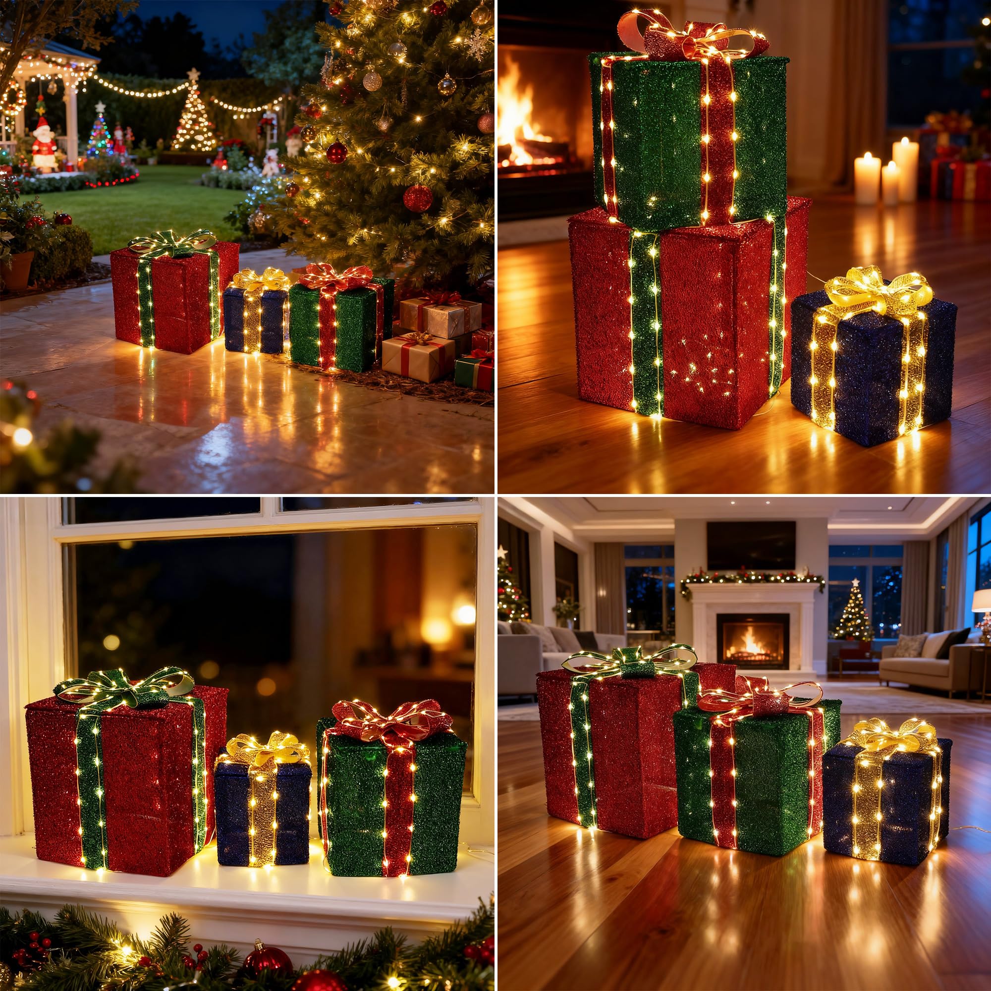 iBaycon Coffrets Cadeaux Lumineux De Noël,Blanc Chaud 160 LED Lot De 3 | Led Coffrets Cadeaux Avec Minuterie Prise de Courant,Décorations De Noël ,Éclairage d'Extérieur Jardin Pelouse Cour