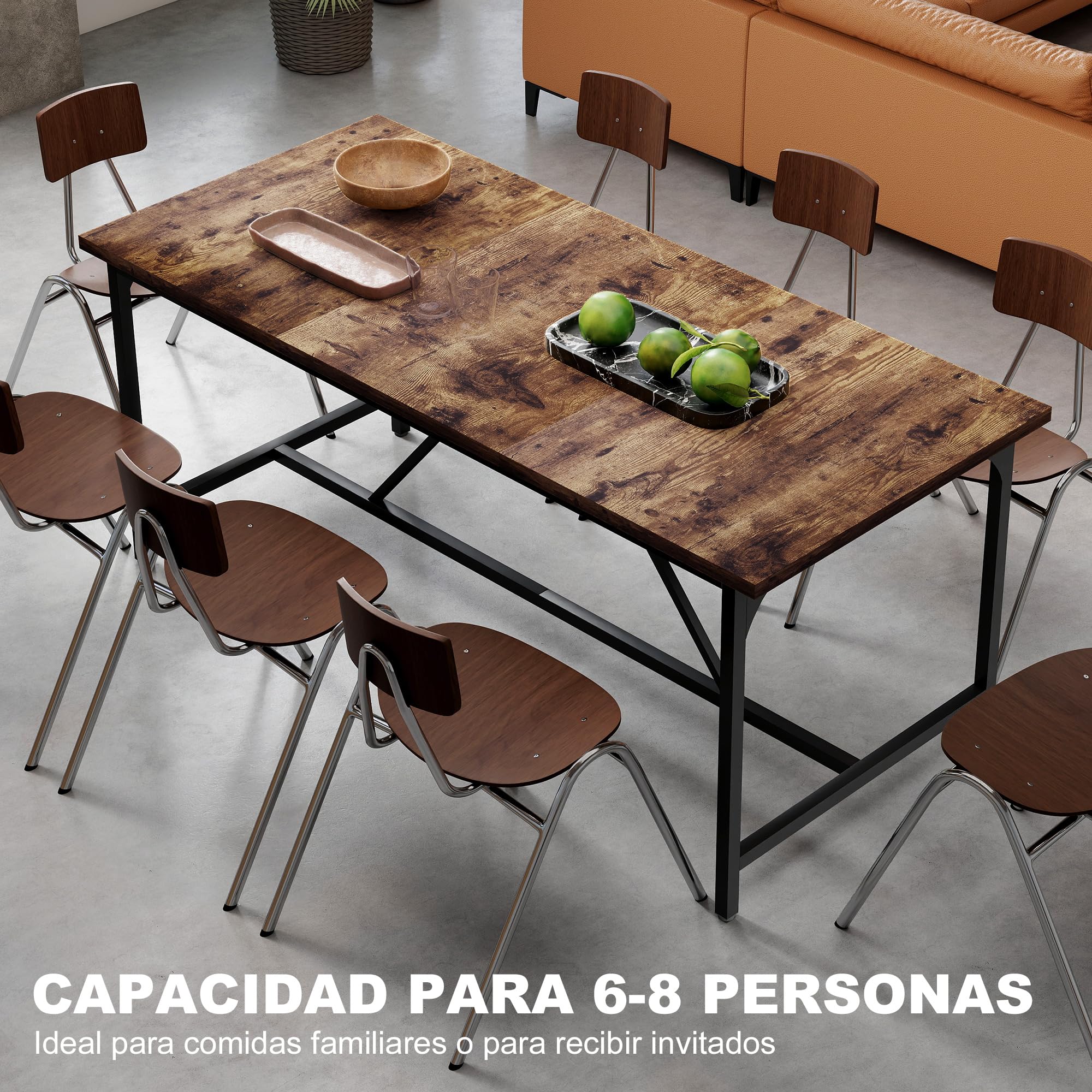 HOMCOM Mesa de Comedor Rectangular 180x80x75,5 cm Marrón Rústico | Para 6-8 Personas, Mesa de Cocina Industrial, Tablero Grueso, Patas de Metal