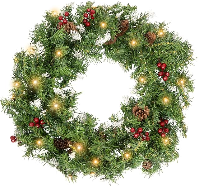 GloBrite Christmas Wreath with 30 LED Lights | Christmas Door Decorations | Christmas Garland Door Wreath, for Window, Wall Decor, Christmas Decorations & Christmas Gifts