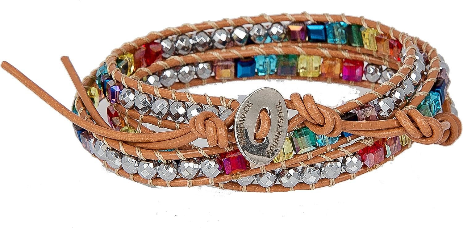 SPUNKYsoul Chakra Awareness Balancing Leather 3 Wrap Crystal Bracelet with Hematite for Women