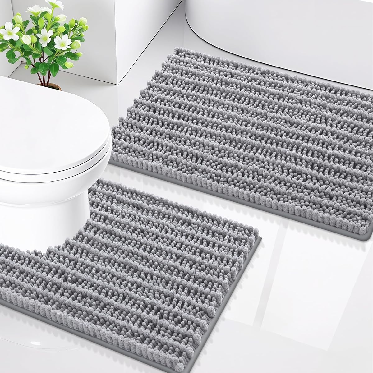 Smiry Bathroom Rugs Sets 2 Piece, Soft Absorbent, Non Slip Rubber Backing Machine Washable Quick Dry Bath Rug and U-Shaped Toilet Rug Set for Tub, Shower and Floor (30" x 20" Plus 24" x 20", Grey)
