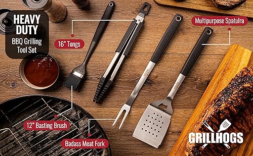 Miniatura 10 de GRILLHOGS Juego de herramientas para parrilla de barbacoa resistente, madera de nogal premium, espátula con abridor de botellas y borde dentado,