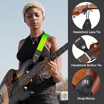 Amumu DURALINK Nylon Seatbelt Guitar Strap with Top Grain Leather Ends for Acoustic, Electric, Bass Guitar, with Quick-Fetch Pick Holder -Neo Green