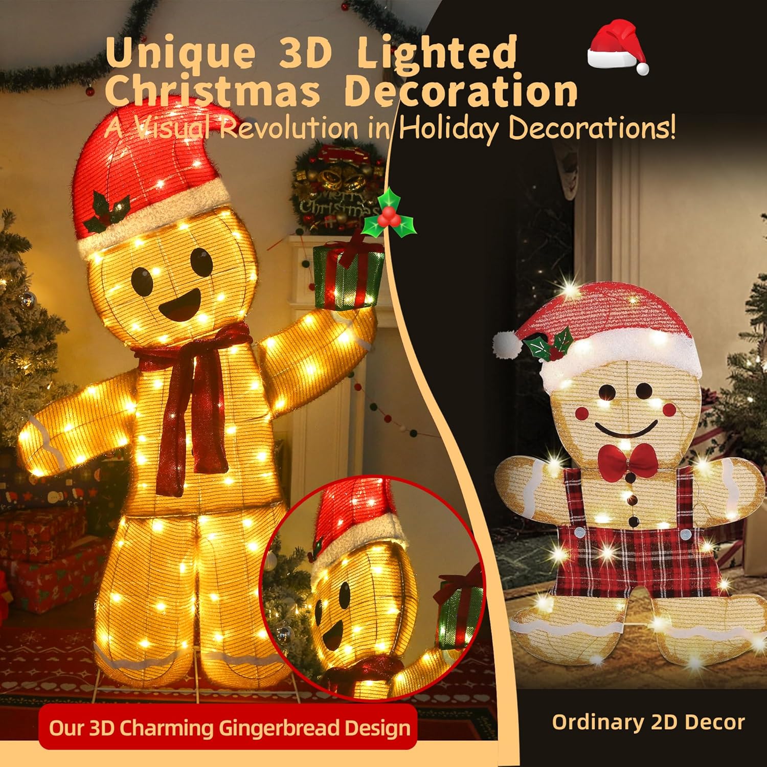 48" 3D Lighted Gingerbread Outdoor Christmas Decorations 48-Inch Large LED Gingerbread Decor Weather-Resistant Christmas Decor Outdoor with Ground Stakes & Zip Ties for Porch, Yard & Garden
