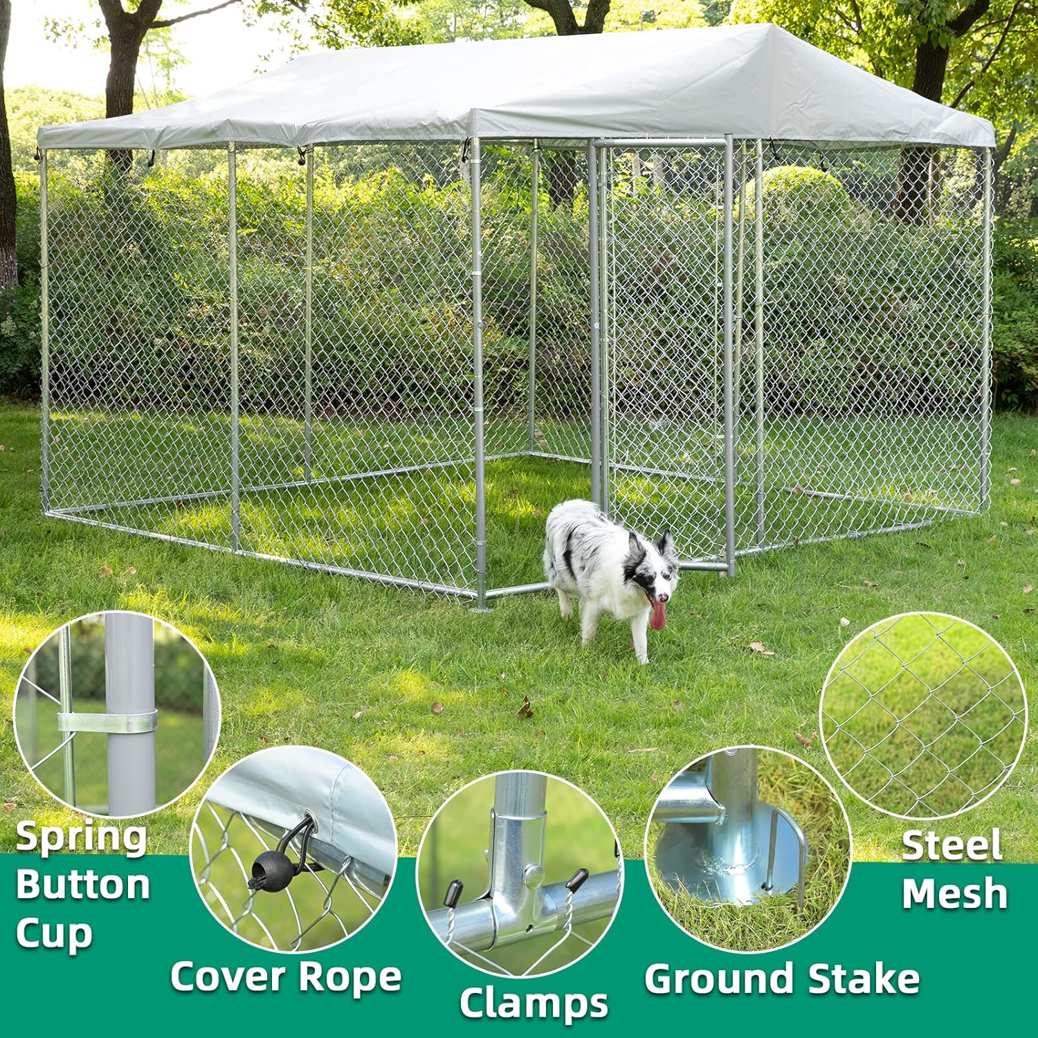 VIVIJASON Outdoor Large Dog Kennel Heavy Duty Fence Dog Cage with Galvanized Chain Link, Outside Pen Playpen Dog Run House with UV & Waterproof Cover and Secure Lock for Backyard(9.84'Lx9.84'Wx7.21'H)