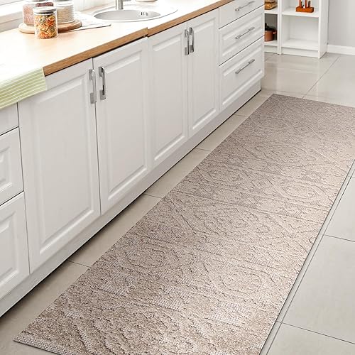 JONATHAN Y Alfombra mediterránea para interiores y exteriores, 2 x 8 pies, color beige, pelo alto y bajo para patio trasero, patio, porche, fácil