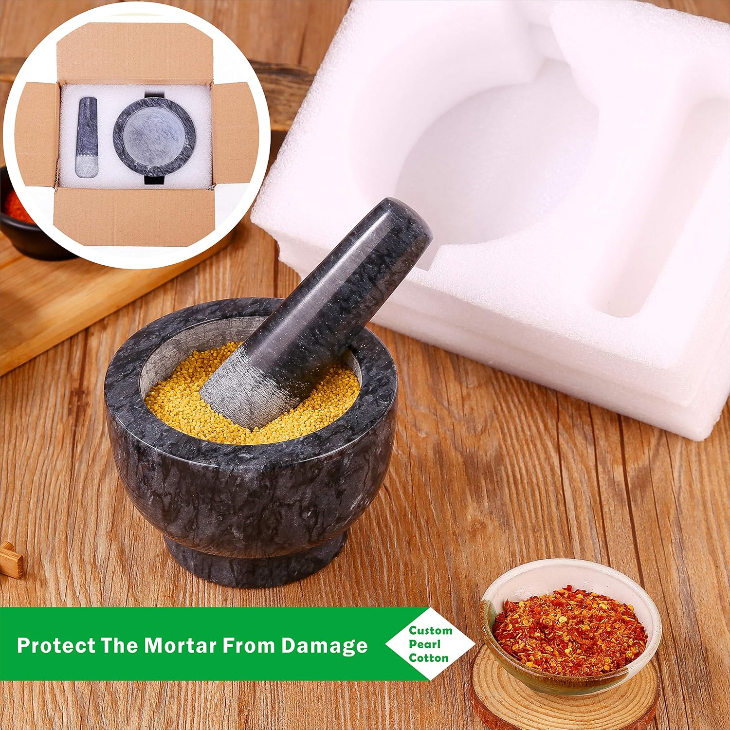 Mortar and Pestle Set Polished Natural Marble Guacamole Molcajete Bowl, Spices Grinder with Silicone Pad, Stainless Steel Spoon and Brush, 300ml Capacity Crusher(Medium, Dark Gray)