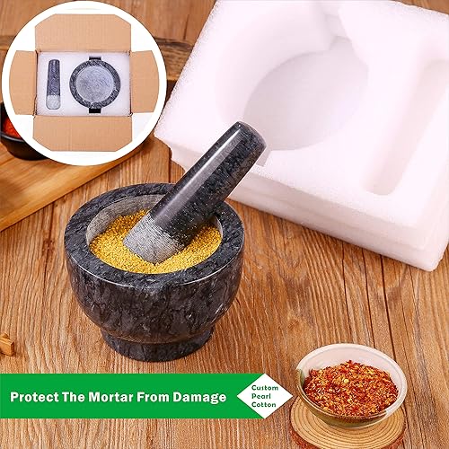 Miniatura 5 de Juego de mortero y mortero pulido mármol natural guacamole molcajete cuenco, molinillo de especias con almohadilla de silicona, cuchara y cepillo de