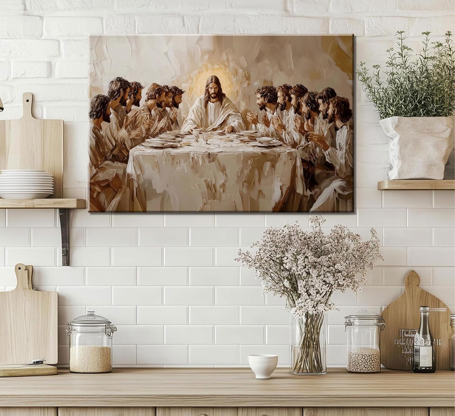 Last Supper Canvas Wall Art Jesus and Twelve Apostles Poster Print Jesus Christian Wall Decor Religious Faith Painting Pictures for Living Room Bedroom Church Framed