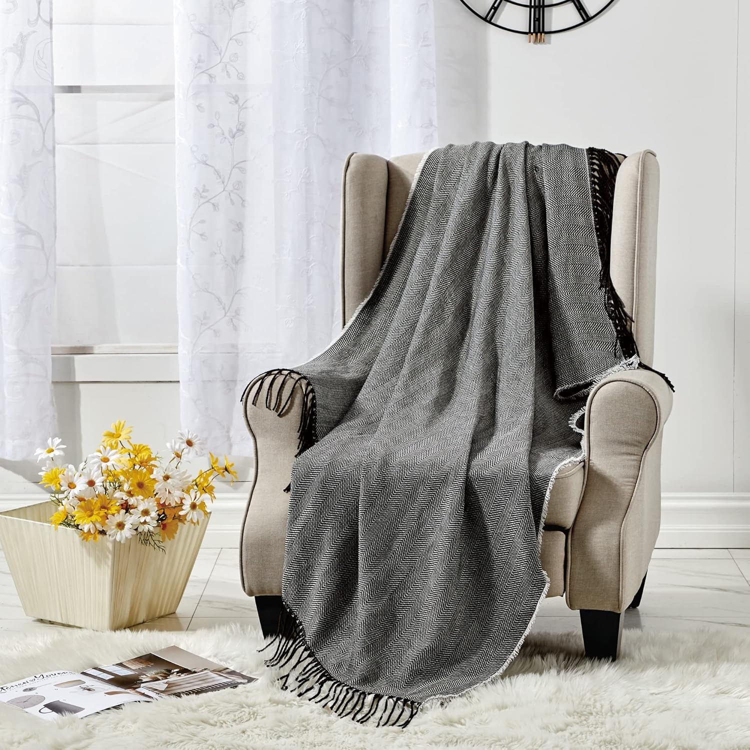 ESCA Plaid Mauve Beige Knitted Throw Blanket for Couch Bed and Sofa 50" W x 60" L