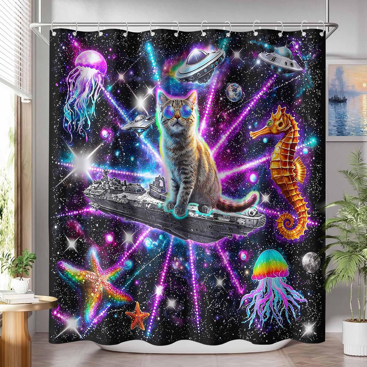 Laser Cat Shower Curtain Set Space Battle Waterproof Bathroom Curtain Funny Kitten Spaceships Home Decor 72x72 Inch image 4