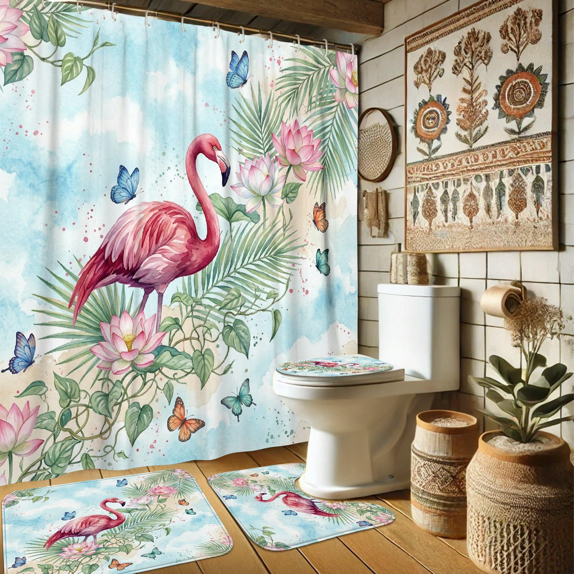 Rideau de douche tissu imperméable contre les éclaboussures avec tapis assorti